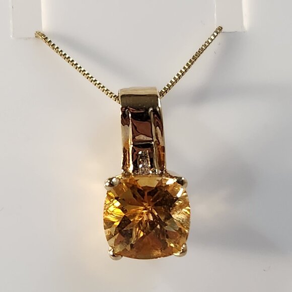 VTG Estate Older 14K Solid Gold Citrine & Diamond Open Bail Pendant & Chain - Picture 3 of 13